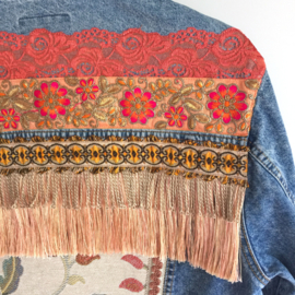 Embellished denim jacket orange peach flowers