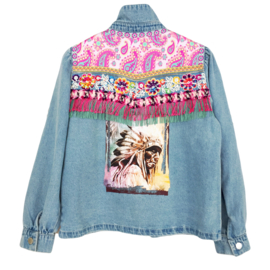 Embellished denim jacket in Ibiza style light blue with Indian head