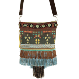 Crossbody with long fringe in Aztec style brown turquoise