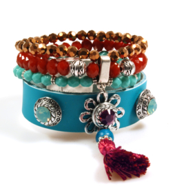 Ibiza boho bracelet turquoise and red leather  and beads with Swarovski