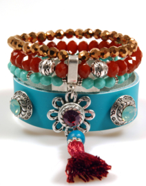 Ibiza boho bracelet turquoise and red leather  and beads with Swarovski