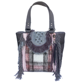 Tote handbag checkered in pink and grey fabric