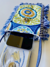 Phone bag in bohemian style with colored pattern and jeans flap