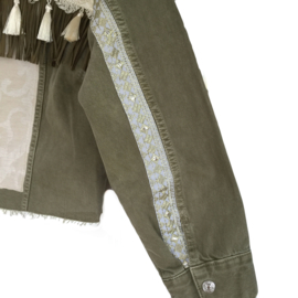 Embellished khaki jacket boho style with trims, fringe and tassels