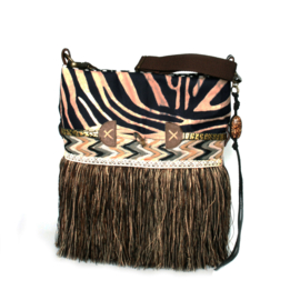 Boho schoudertas met zebraprint en franje bruin