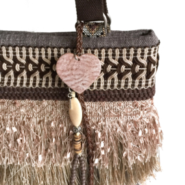 Boho handtas in bruin met bloemen en franje