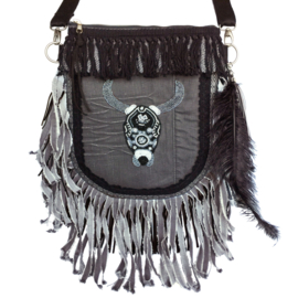 Crossbody bohemian buffalo head with long denim fringes