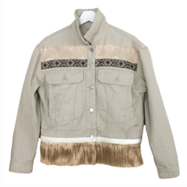 Embellished denim jacket khaki with long fringe and shells