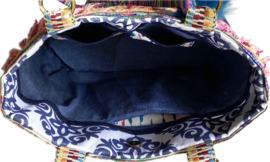 Grote Ibiza tote handtas met bloemenstof oude jeans en franje