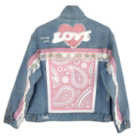 Embellished denim jacket in blue pink with coins and love patch