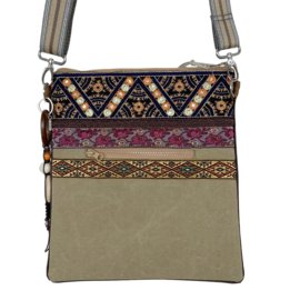 Crossbody tas in Aztec style met rood en kaki met jeans-zak en franje