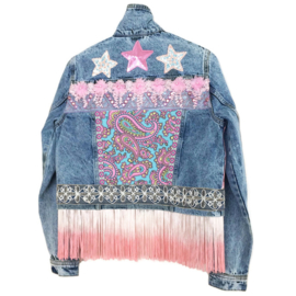 Ibiza denim jacket with pink embellishments stars and long fringe