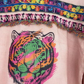 Embellished denim jacket pink with colored tiger head and decoration ribbons