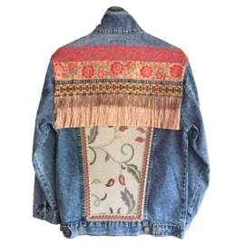 Embellished denim jacket orange peach flowers