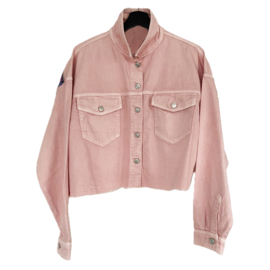 Embellished denim jacket pink with colored tiger head and decoration ribbons
