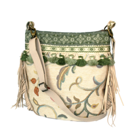 Hippie crossbody bag cream green with fringe