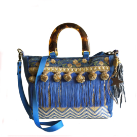 Boho handbag in blue yellow with fringe and jeans