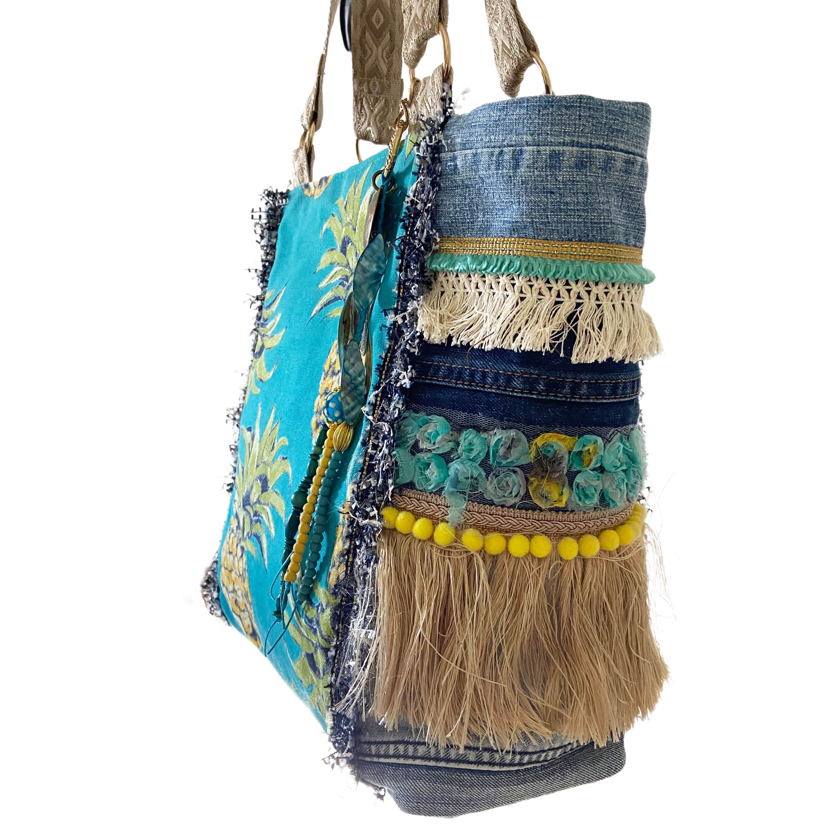 Handgemaakte canvas handtas met ananasprint, denim details en panterprint voering