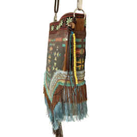 Crossbody with long fringe in Aztec style brown turquoise