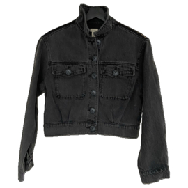 Embellished denim jacket black with big tiger patch and leopard fabric