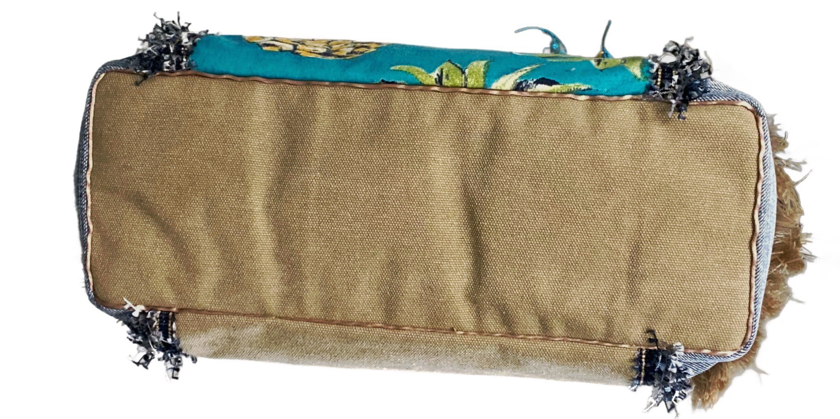 Handgemaakte canvas handtas met ananasprint, denim details en panterprint voering