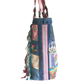 Big tote handbag patchwork jeans with colored fabrics in Ibiza style