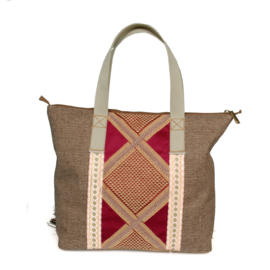 Hippie tote handbag in beige with red flowers