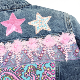 Ibiza denim jacket with pink embellishments stars and long fringe