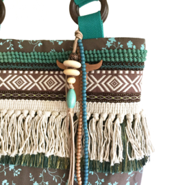 Tote handbag in brown and turquoise with fringe