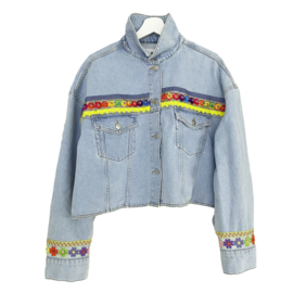 Embellished denim jacket with big Indian patch and flower ribbons