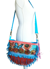 Hippie schoudertas met bloemen turquoise rood