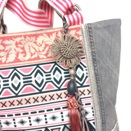 Tote handbag with soft grey old jeans and pink Aztec fabric