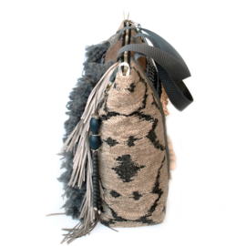 Handtas western stijl beige grijze stof met franje