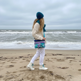 Boho Bloem Crossbody in turquoise met lila met gerecyclede jeans