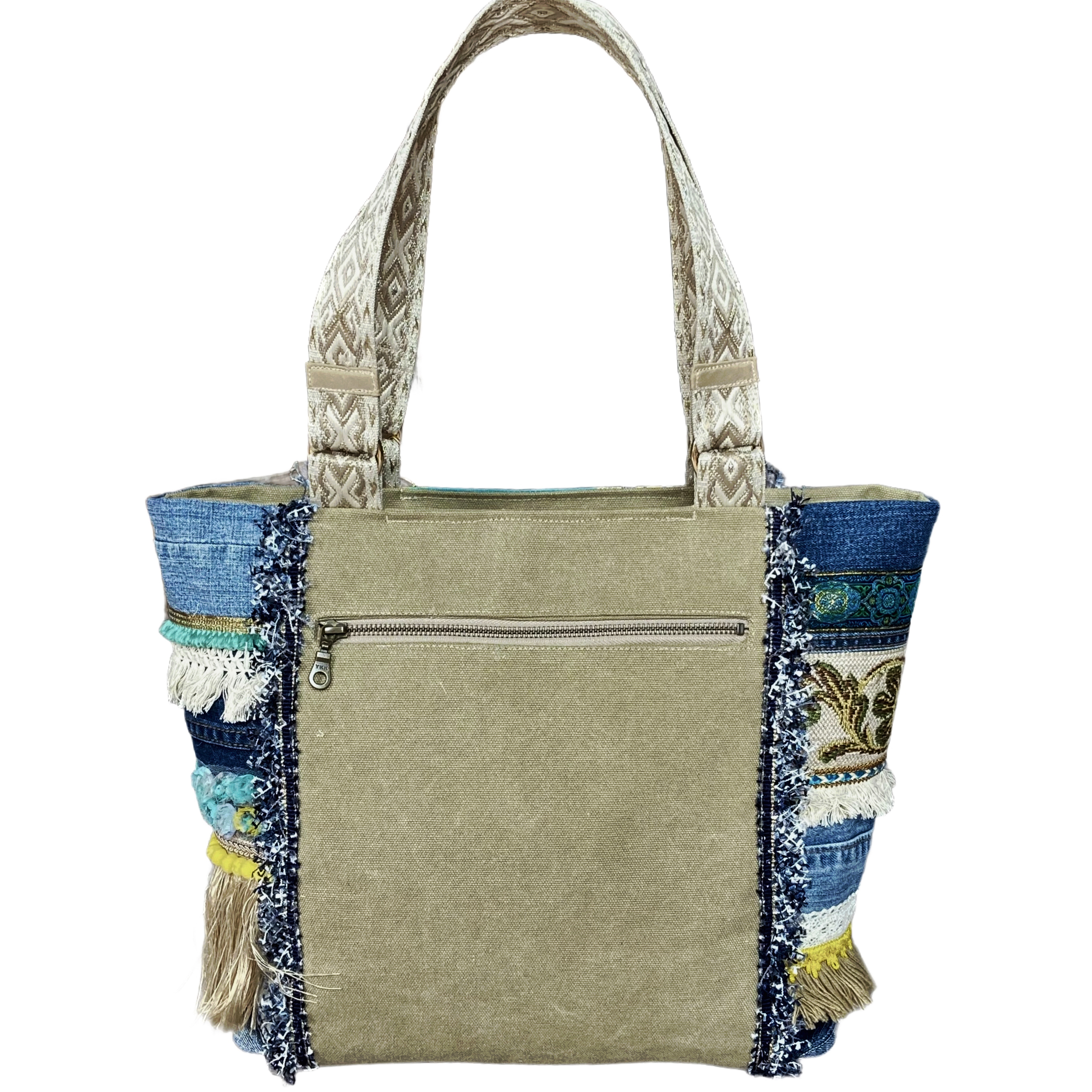 Handgemaakte canvas handtas met ananasprint, denim details en panterprint voering