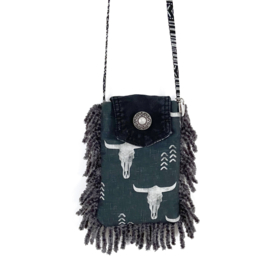 Telefoontasje Boho westernstijl met buffelkoppen, franje en jeansklepje