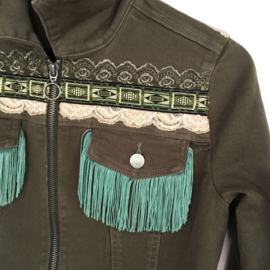 Khaki denim jacket boho style embellished with fringe and trims