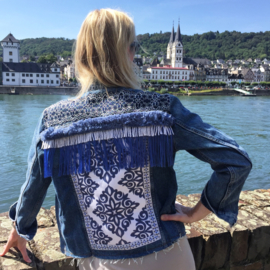 Embellished denim jacket blue and white with fringe