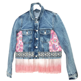 Ibiza denim jacket with pink embellishments stars and long fringe