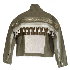 Embellished khaki jacket boho style with trims, fringe and tassels
