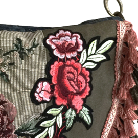 Hippie crossbody bag with flower patch and fringes