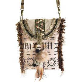 Crossbody bag ethnic style in cream and brown with fringe, pompom