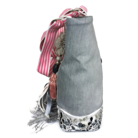 Tote handbag with soft grey old jeans and pink Aztec fabric