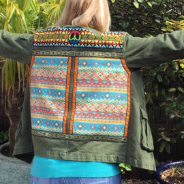 Embellished denim jacket khaki colored Aztec