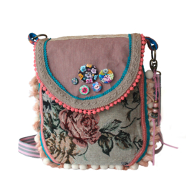 Ibiza crossbody bag old pink roses with pompons