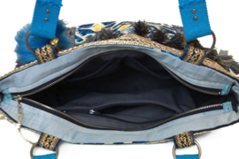 Boho tote handtas blauw en geel met franje en kwasjes