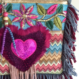 Festival bag with heart Ibiza style fuchsia blue