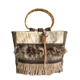 Tote handbag brown western faux fur and fringes