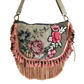 Hippie crossbody bag with flower patch and fringes