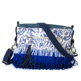 Boho crossbody in blue and white with fringe